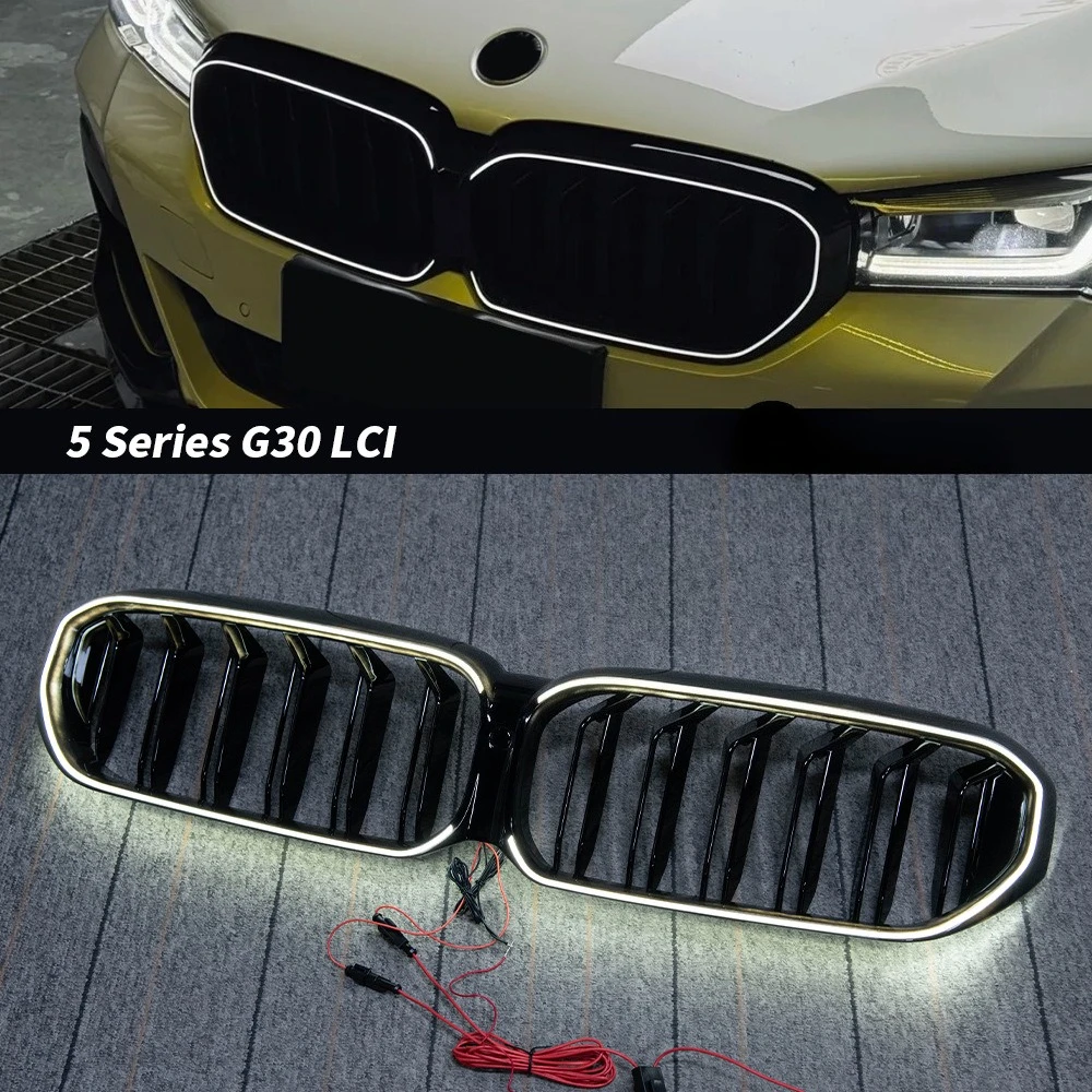 

Suitable for BMW 5 Series 21-23 late G30 luminous medium network G30G38 double line bright black with LED light strip front face