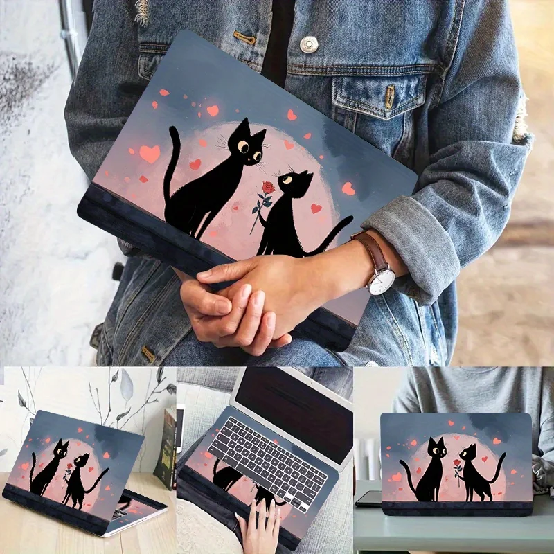 2 Cute Black Cat and Pink Rose Laptop Stickers - Scratch Resistant PVC Cover with Kitten and Heart Design, Pink Bow, For HP,Dell
