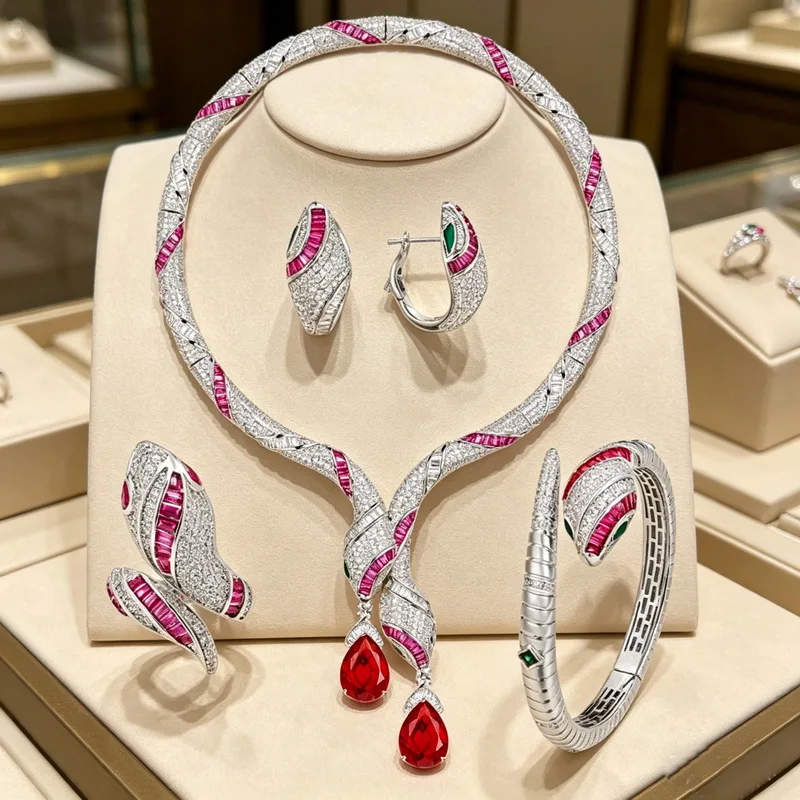Europe America Necklace Bracelet Earrings Ring Inlay Cubic Zircon Red Green Blue Drop-shaped Snake Choker Party Jewelry Sets