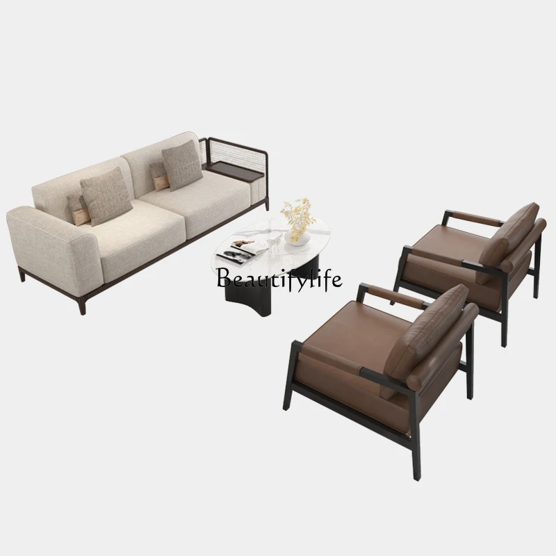 New Chinese-style hotel clubhouse lobby reception solid wood rattan sofa negotiation tables and chairs