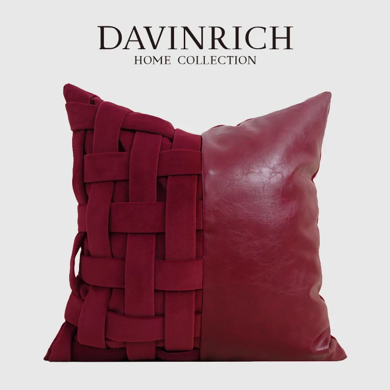DAVINRICH Rich Burgundy Dimensional Basket-Weave Pattern Patchwork Pillow Case Faux Leather Woven Cushion Cover For Sofa Bedroom