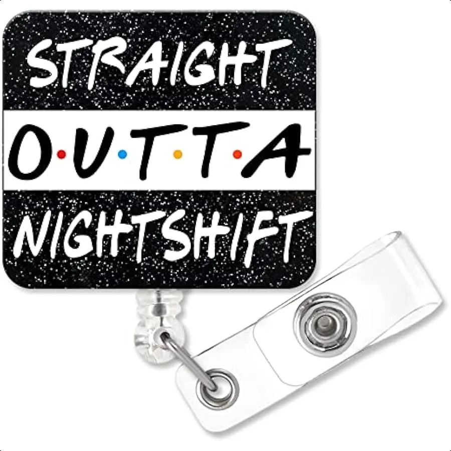 

Straight Outta Night Shift Funny Shaped Badge Reel Holder with Metal Shark Clip Office Hospital Lab Work ID Tag Badge Gift for