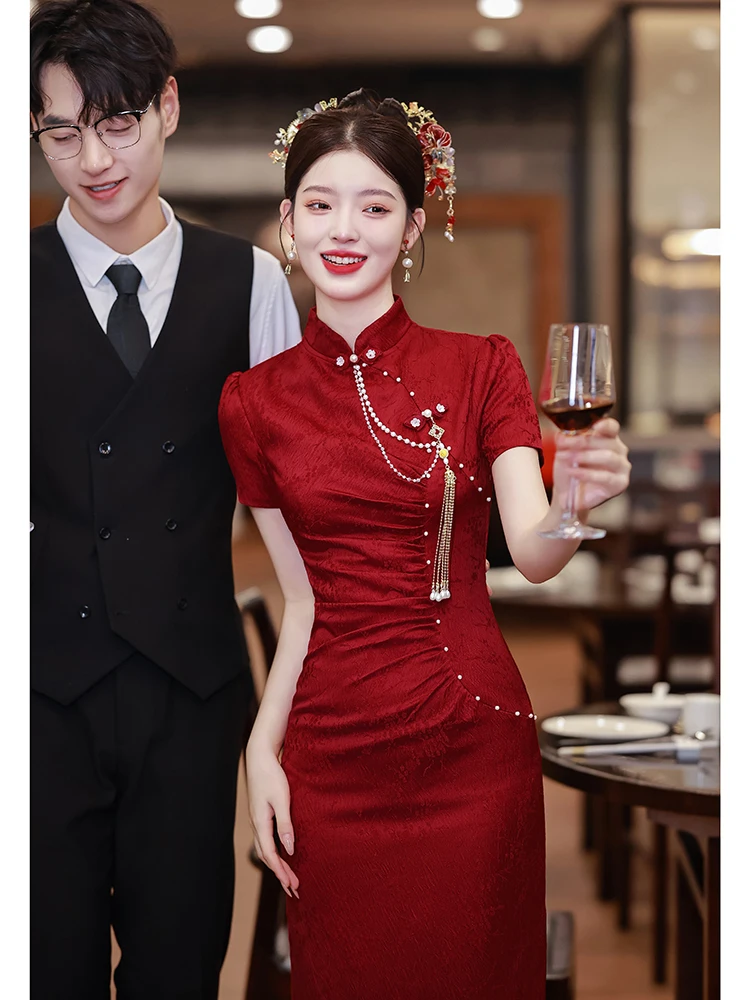 

Red Qipao Wedding Dr for Women ort Sve mid Waist Pearl Embellied Vintage Sle Suitable for Engagement And Wedding