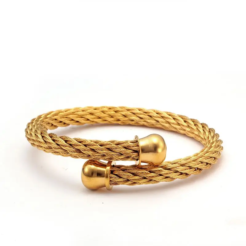 Gold Plated Stainless Steel Braided Open Cuff Fashion Bracelets Trendy Men Male Chain Link Sporty Wristband Jewelry Gift