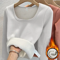 Women's Solid Color Thermal Underwear Square Collar Fleece Basic Pullover Long Sleeve Top Fashion Shirt Winter Clothes