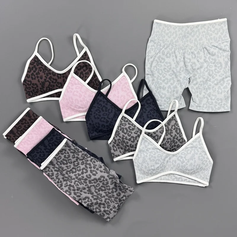 2Piece Sports Set Women Leopard Print Bra Shorts Seamless Push Up Bra High Waist Tummy Control Workout Shorts Fitness Gym Outfit