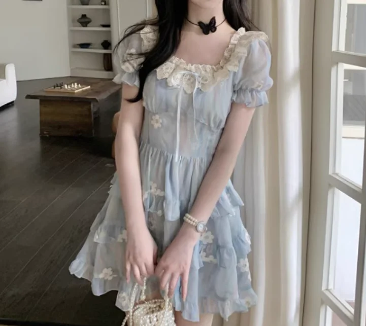 فستان صيفي كبير الحجم بطباعة حلوة فرنسية بأكمام قصيرة، فساتين عصرية بخصر عالٍ ومتعددة الاستخدامات ورقبة مربعة #5