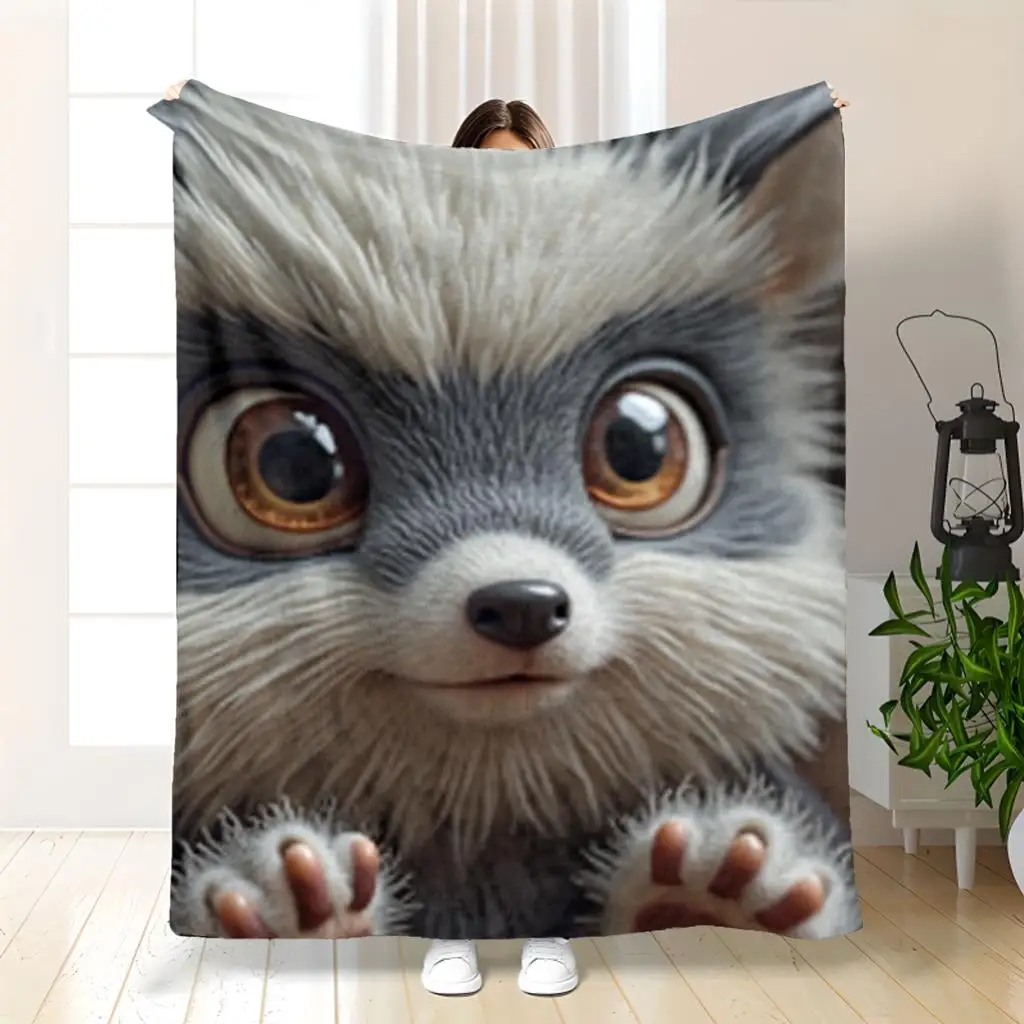 Giant Cute Raccoon Face Printed Throw Blanket for Sofa Couch Decor Ultra Soft Cozy Plush Winter Fall Season Bed Gift 150x230cm