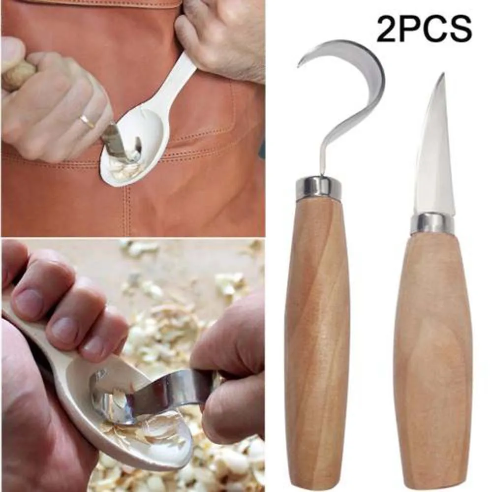 2pcs Stainless Steel Wood Carving Cutter DIY Wood Handle Spoon Hook Carving Knife Professional Sculptural Art Craft Tool