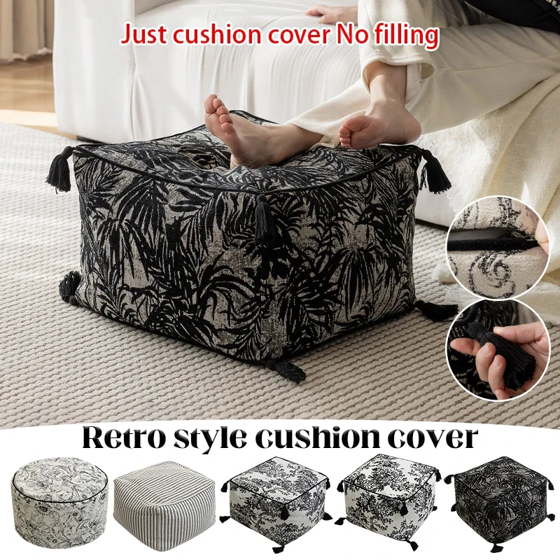 Chinese Ink Embroidery Stool Futon French Black White Retro Style Sitting Pier Cushion Cover Lazy Sofa Living Room Cushion Cover