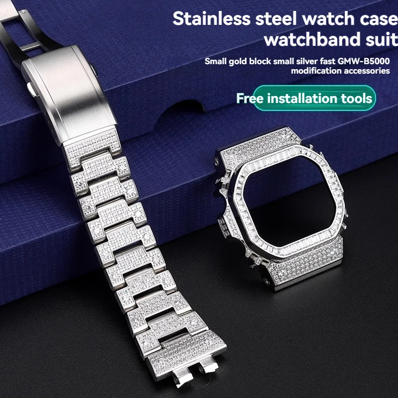 Diamond Metal Case Bezel men WatchBand Strap Modified For Casio GMW-B5000 Series Tools Accessories Stainless Steel GMW B5000