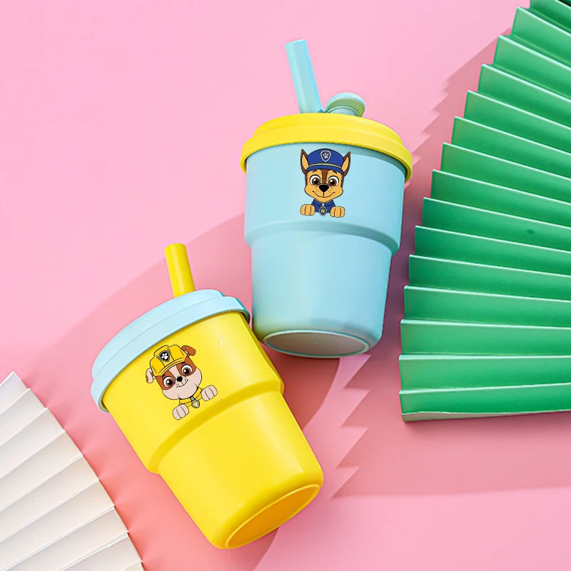 Taza de goma de silicona Paw Patrol de 380ML con pajita para beber, tazas de agua bonitas de dibujos animados de Anime, regalos de cristal portátiles de moda para estudiantes