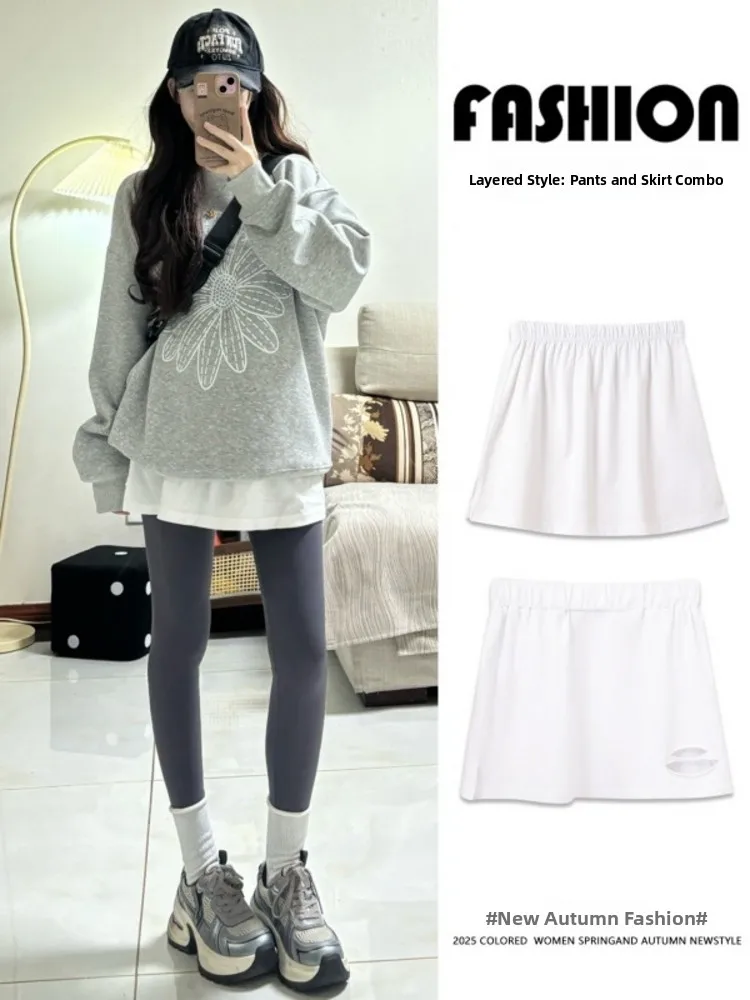 

Белые брюки из ткани Sharkskin для женщин, весна 2026, новый стиль, многослойная одежда, свитшот, базовый слой, укороченная юбка, внутренняя одежда