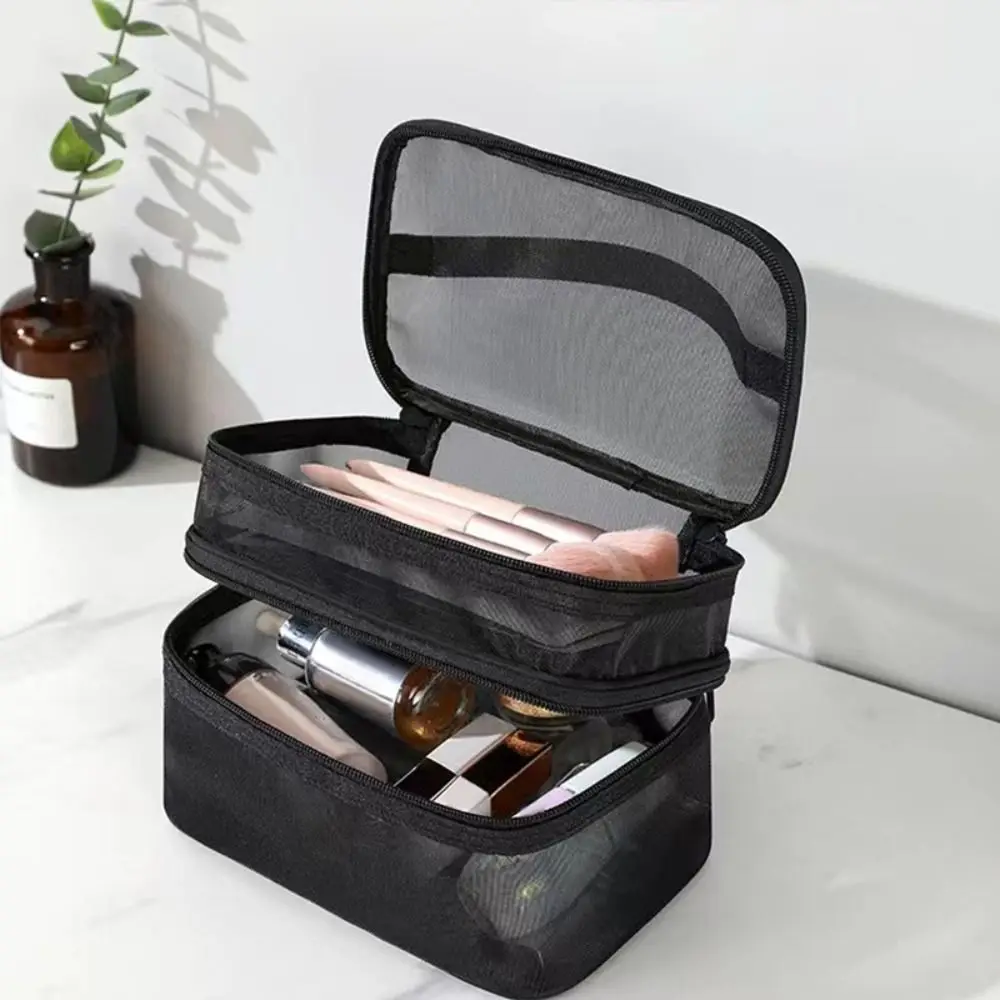 Borsa per cosmetici in rete a doppio strato custodia per trucco portatile da donna custodia per trucco con cerniera da viaggio di grande capacità