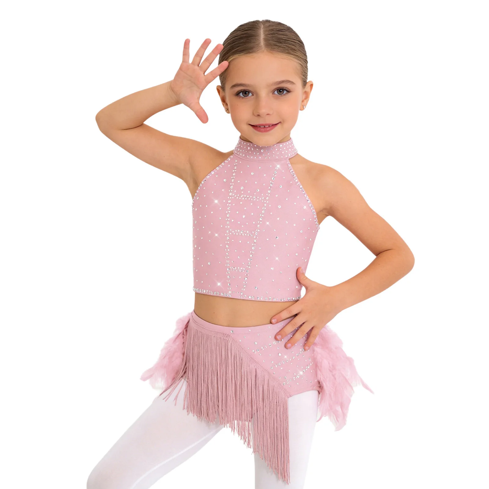 

Kids Girls Samba Rumba Latin Dance Clothing Sleeveless Strappy Back Crop Top with Tassels Feather Skirt for Figure Skating Dance
