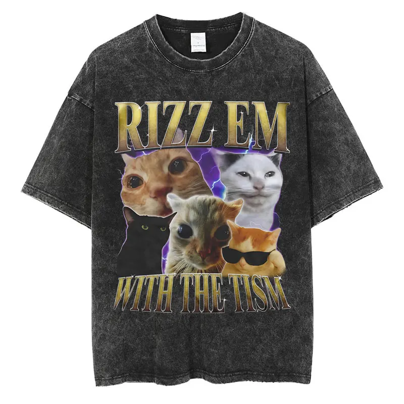 Washed Confused Cat Meme Graphic T Shirts I Do Not Think Therefore I Do Not Am T-shirts Cotton High Quality T Shirt