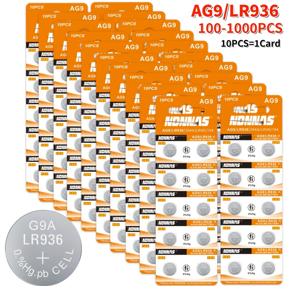 100-1000PCS AG9 LR936 LR45 194 53mAh 1.5V Alkaline Coin Cell 394 SR936SW CX194 SG9 For Watch Car Key Fob Remote Calculator Toy