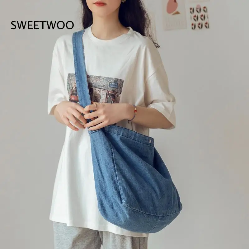 Casual Washed Denim Crossbody Bag Adjustable Wide Strap Large Capacity Soft Jean Shoulder Bag for Daily School and Street Style view 3
