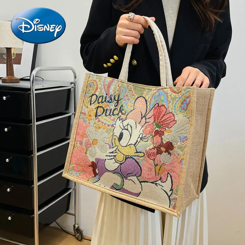 

Disney Cartoon Daisy Linen Tote Bag Women's Gold Wire Jacquard Embroidery Cute Cartoon Handbag Simple Fashion Hand Souvenir Bag