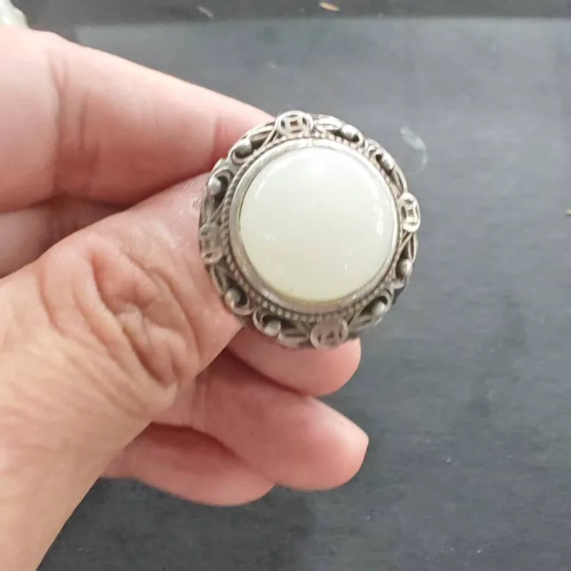 Vintage Silver-Tone Hollow Scroll Ring Unisex Oval Imitation Jade Stone Chinese Open Adjustable Finger Jewelry