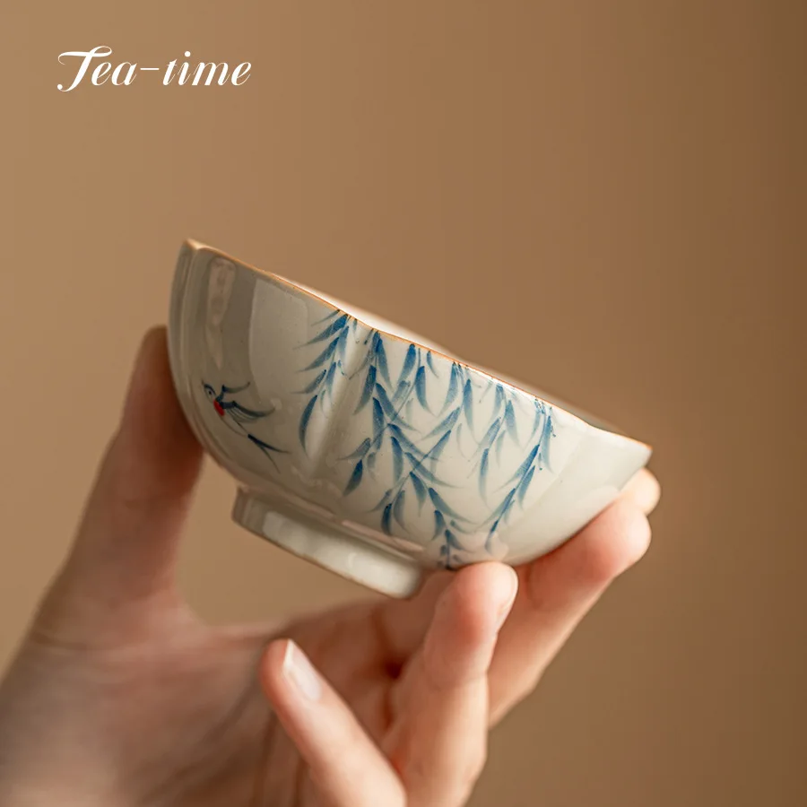 50ml Retro Petal Cup Pure Hand-painted Willow Swallow Ceramic Teacup Plant  Ash Tea Cup Small Single Master Cup Smelling Cup