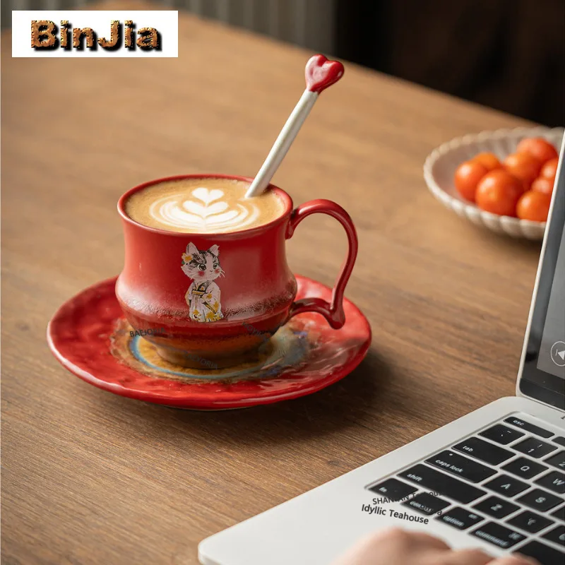 260ml Kiln Fambe Forbidden City Red Fortune Cat Coffee Mug With Plate Milk Cup Afternoon Tea Mug Cup Saucer Kit Cafes Gift