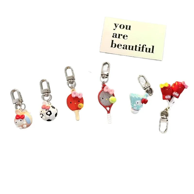 Hello Kitty Anime Sports Keychain Set Mini Tennis Racket Ping Pong Football Pendant Charms Kawaii Bag Accessories Gift for Fans