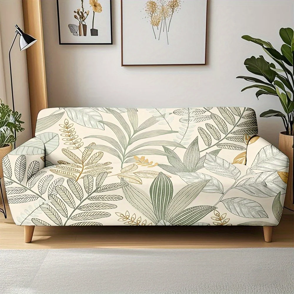1pc Boho Sage Green Tropical Leaf Print Stretch Sofa Cover, Neutral Botanical Couch Slipcover for Modern Home Decor