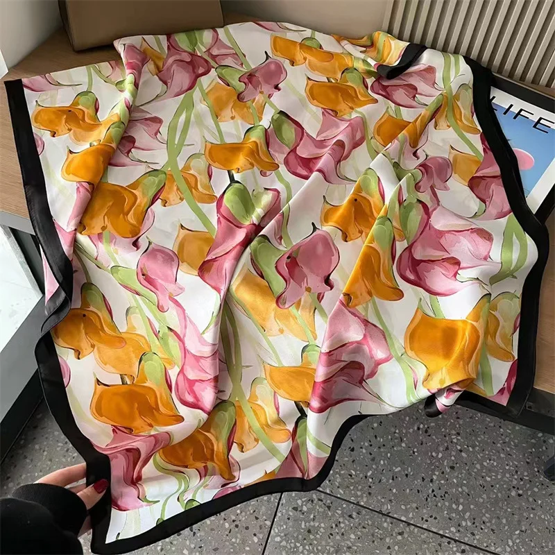 

1 PCS 90x90cm New Silk Scarf Summer Brocade Imitation Silk European and American Fashion Versatile Western Style Tulip Shawl