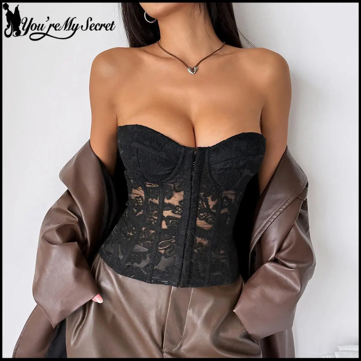 [You're My Secret] Gothic Lace Strapless Black Vest Women Sexy See Through Blackless Corset Top 2026 Night Club Streetwear