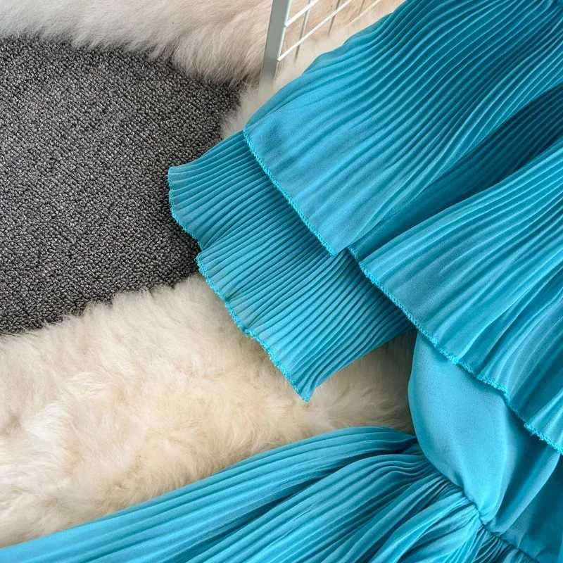 A linha moda primavera verão praia vestidos femininos vestidos longos vintage elegante plissado slash neck manga curta em camadas bolo vestido