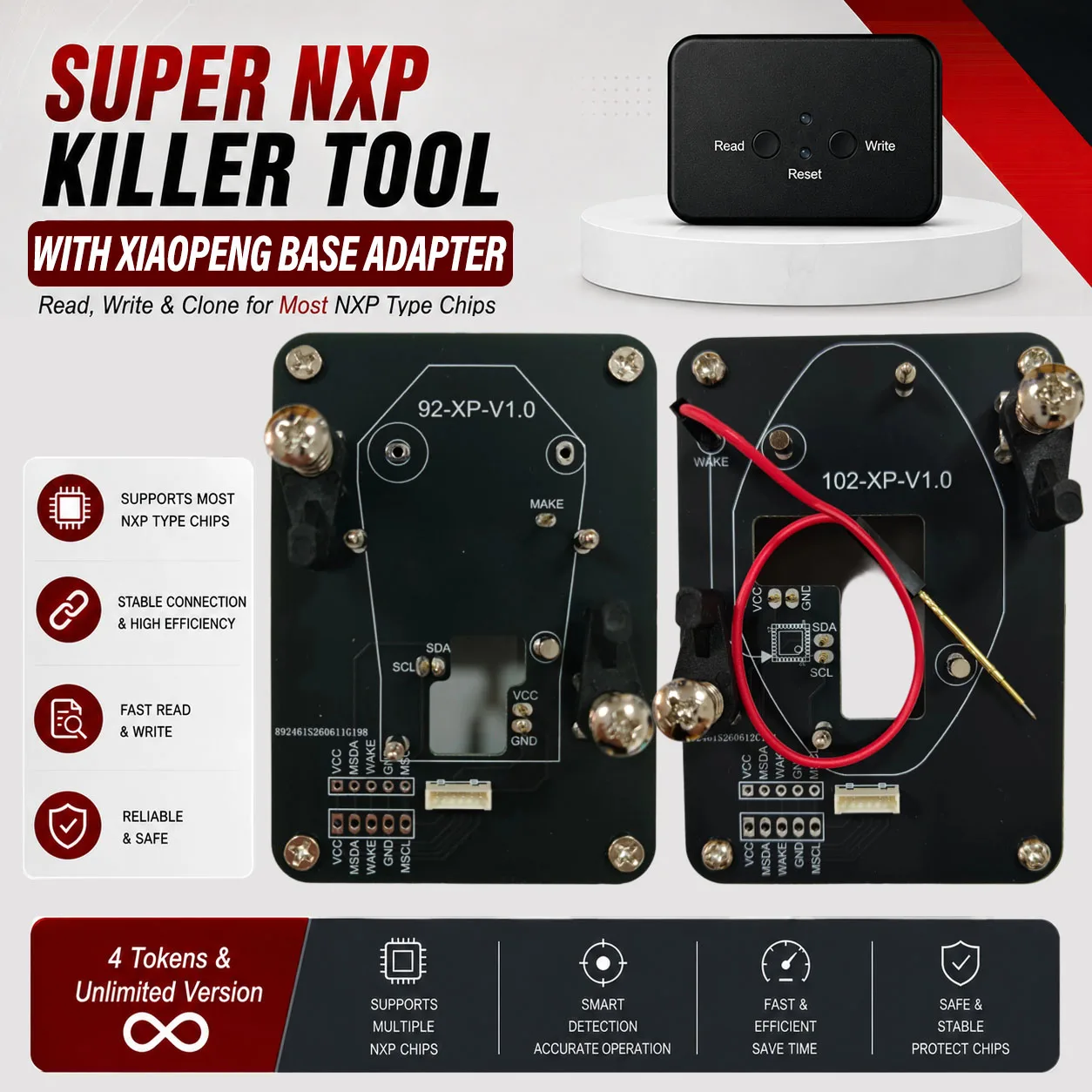 For XPeng Key All NXP Smart Keys Clones 4 Tokens &  Unlimited Version Super NXP Killer Read Copy Device With Adapter Base