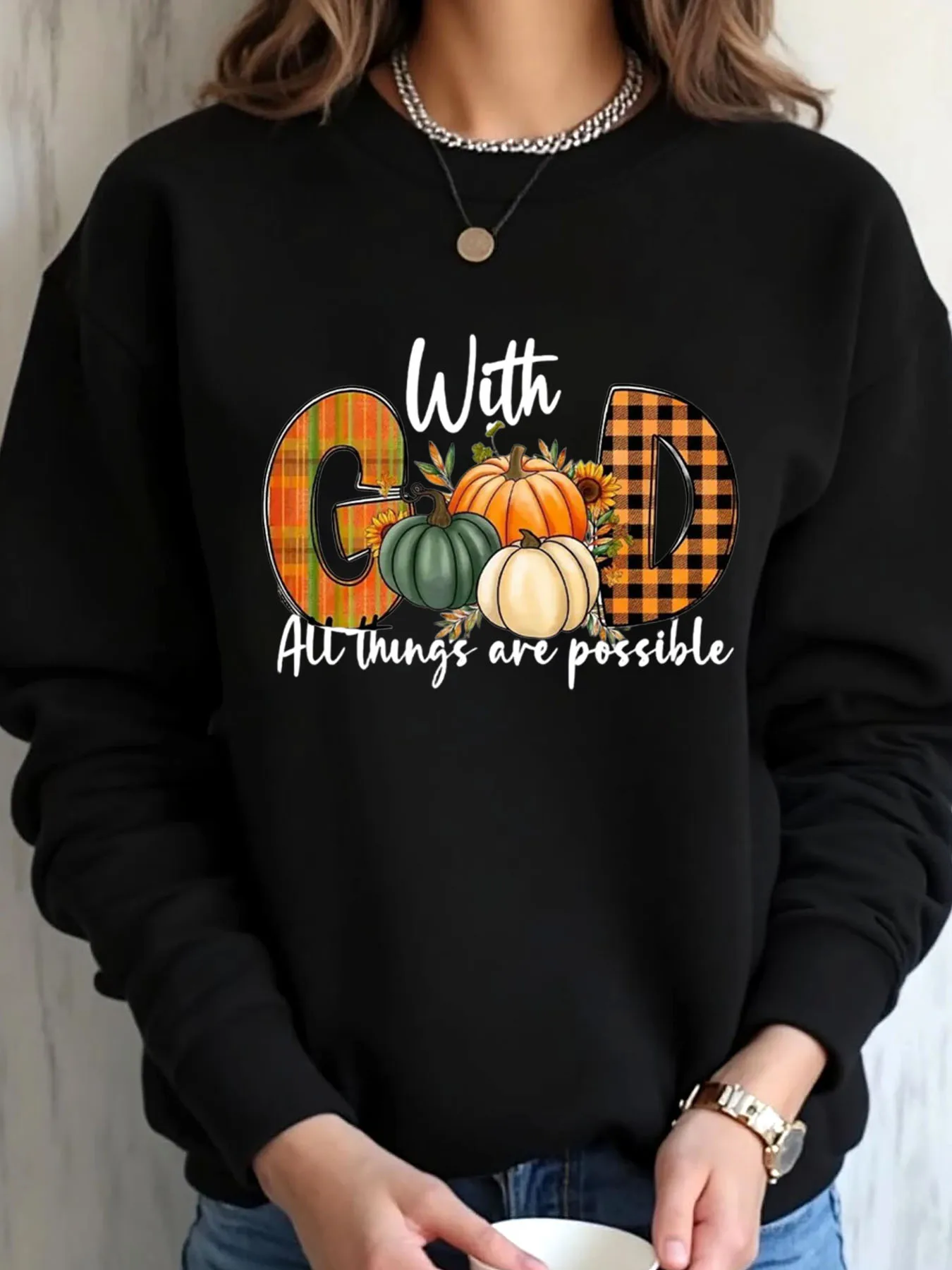 Moletom feminino oversized abóbora de outono com Deus todas as coisas são possíveis estampa roupa ao ar livre