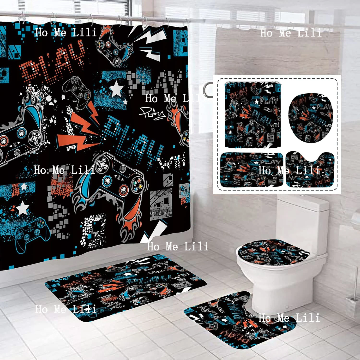 

Play Game Shower Curtain Set Classic Videogames Controller Bath Decorate