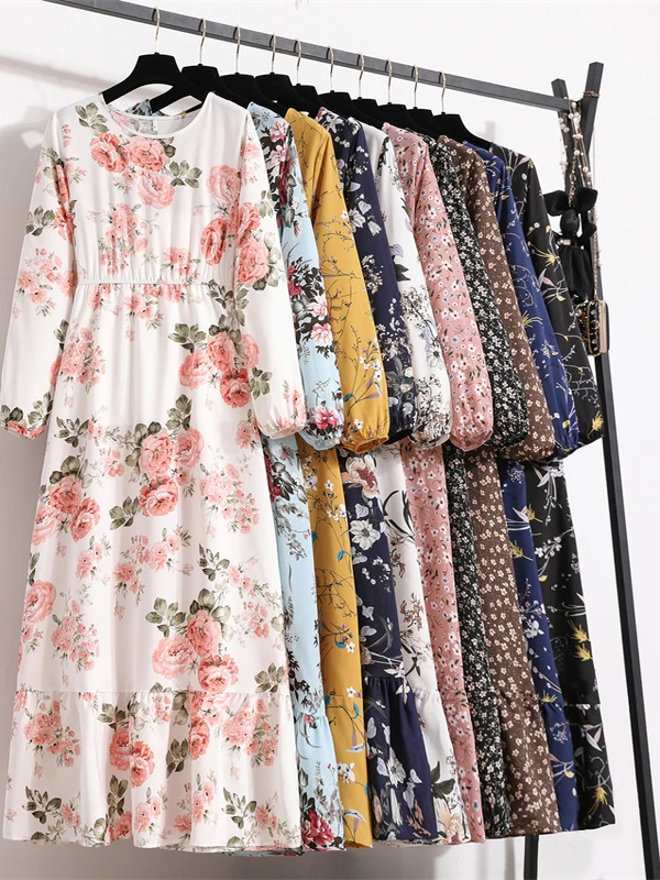 الأزهار الشيفون طويلة Sve Dr جولة Ne U-Ne ميدي الدكتور الربيع الصيف الخريف المرأة الشارع Sle ألف خط تنورة الدكتور