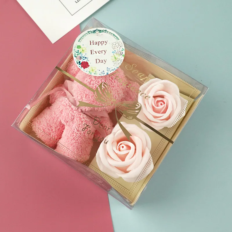 

1Box Bear Shaped Towel with Soap Rose Flowers Valentine's Day Mothers Day Wedding Gift Birthday Party Guests Gift Baby Shower