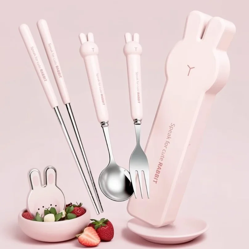 3/4PCS Cute Portable Dinnerware Set Reusable 304 Stainless Steel Fork Spoon Chopsticks With Box Cutlery For Kid Student