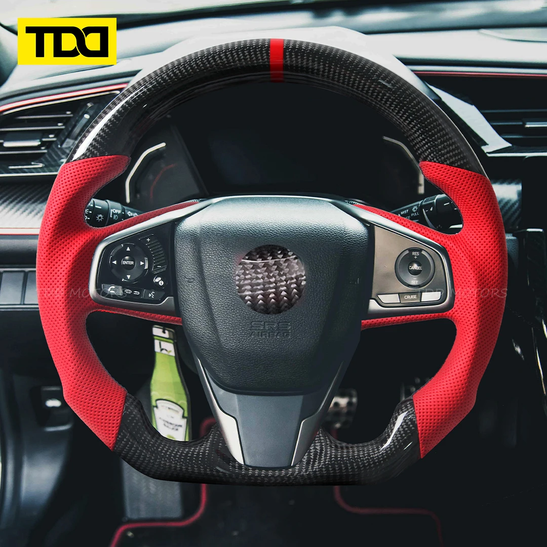 

TDD Real Carbon Fiber Steering Wheel For Honda Civic 10th Type-R FK8 2016 2017 2018 2019 2020 Perforated Leather Racing Wheel