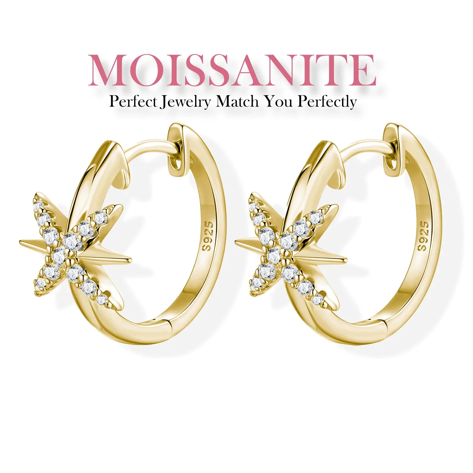 

0.234CTW Moissanite Earrings 925 Sterling Silver 18K Gold Plated Star Hoop Earrings Elegant Modern Gift with Certificate