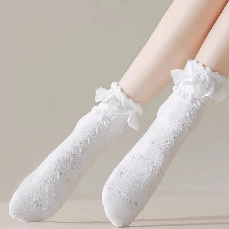 Conjunto de calcetines con flecos de encaje de color liso Lolita, calcetines antifricción absorbentes para el sudor, calcetines de encaje para mujer y niña para primavera y verano