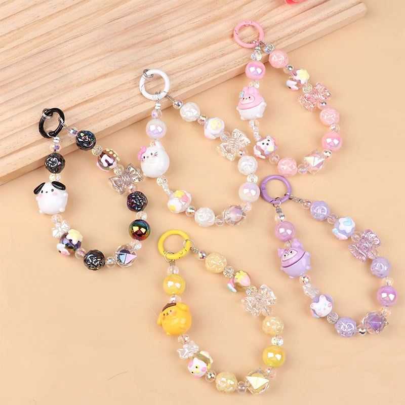 Kawaii Sanrio Hello Kitty Phone Chain W/Card Cinnamoroll Kuromi My Melody Pendant Bowknot Wrist Strap Earphone Case Bag Decor