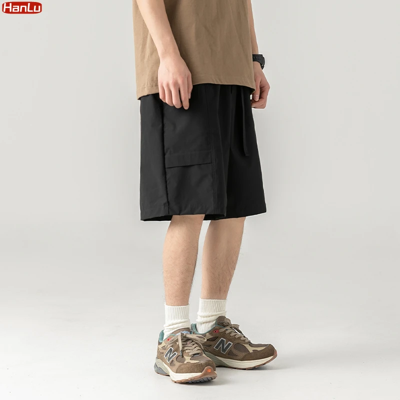 New Belted Cargo Shorts Men\'s Korean Style Summer Black Wide Leg Cargo Shorts Fashion Streetwear Hip Hop Casual Baggy Short