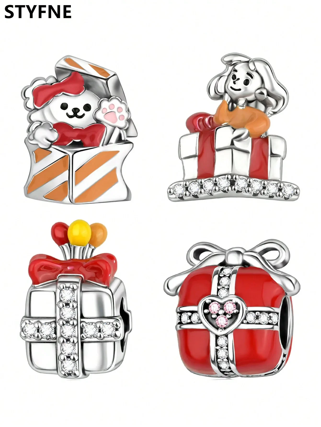925er Silber vergoldet, Original-Charms, Weihnachten, rote Schleife, Geschenkperlen, passend für Armbänder, Damenschmuck, Geschenk
