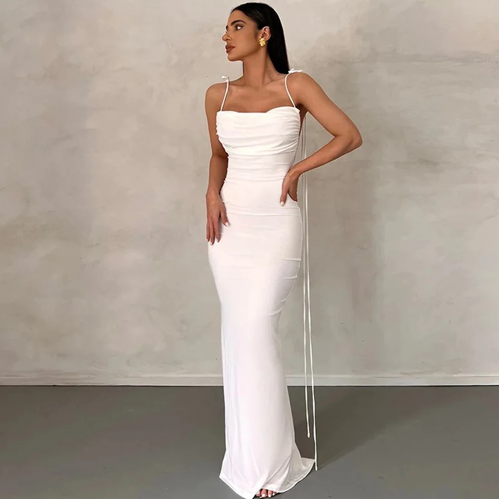 

Simple Spaghetti Straps Sheath Evening Dress One Neck Sleeveless Floor Length Straight Sexy Open Back Pleat Ladies Party Gowns