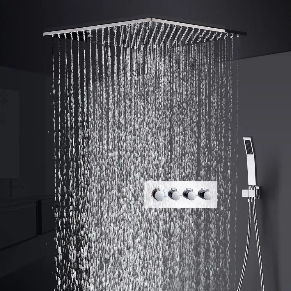 Modern Design Ceiling 16 Inch Thermostatic Mixer Bath Shower Head Faucets Set Bathroom Rainfall SPA Shower System Kits