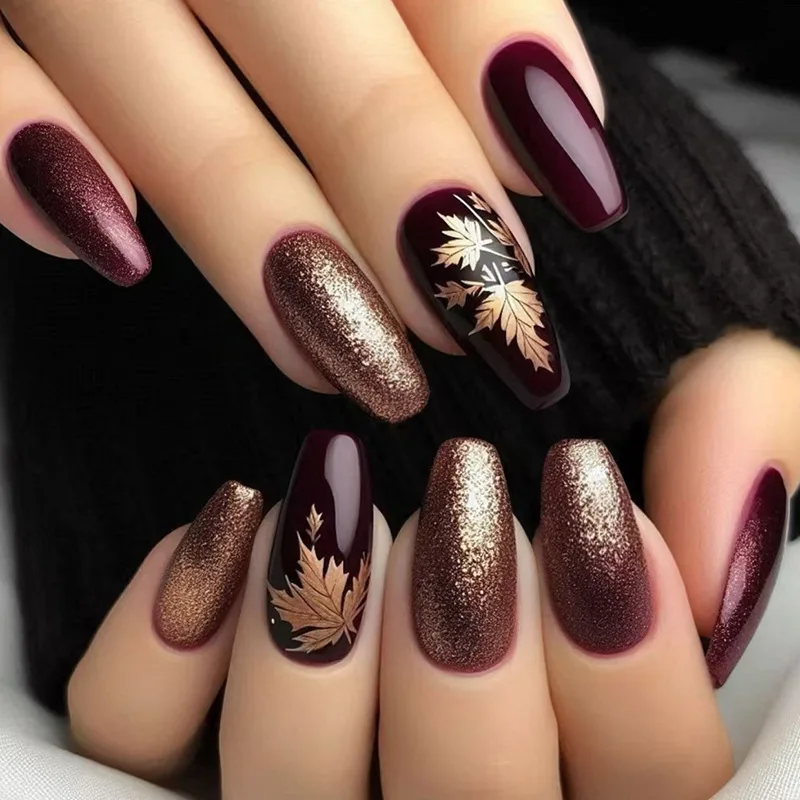 24pcs Elegant Burgundy Glitter Golden Maple Leaf Nail Art, Autumn Winter Press-On Nails for Women, Trendy Seasonal Fake Nails