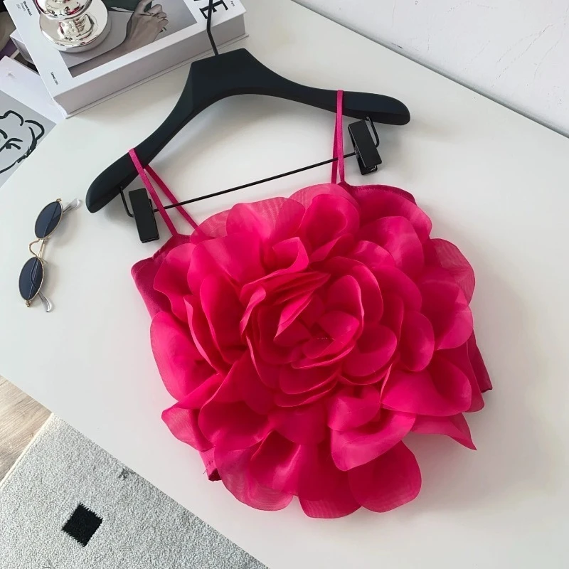 

3D цветочные отпускные майки женские с аппликациями на бретелях эластичный горячий сладкий мини-топ с французскими рюшами однотонный пляжный сексуальный топ на бретелях