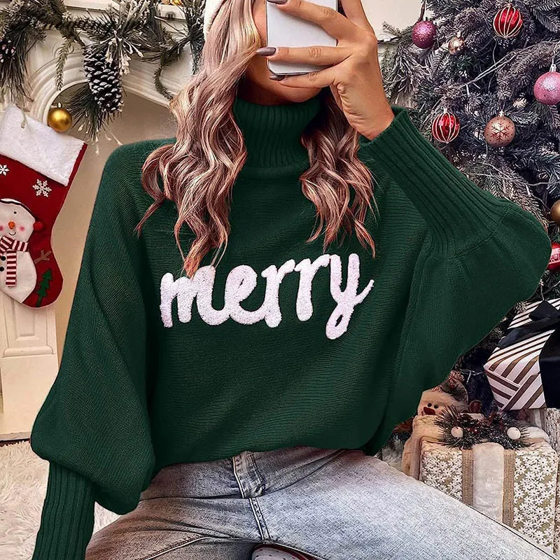 

Turtleneck Knitwear Sweater women Autumn Winter batwing long sleeve Letters Sweatshirts Female Solid Color Pullovers Casual