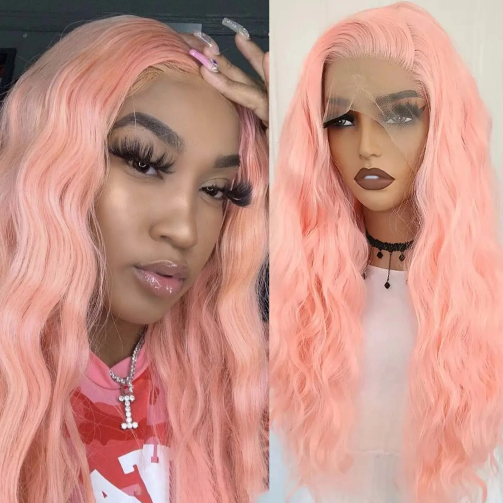 

13X4 Peach Pink Wig Natural Wavy Synthetic Lace Front Wig Long Curly Light Orange Colored Hair Lace Frontal Wigs for Women Party