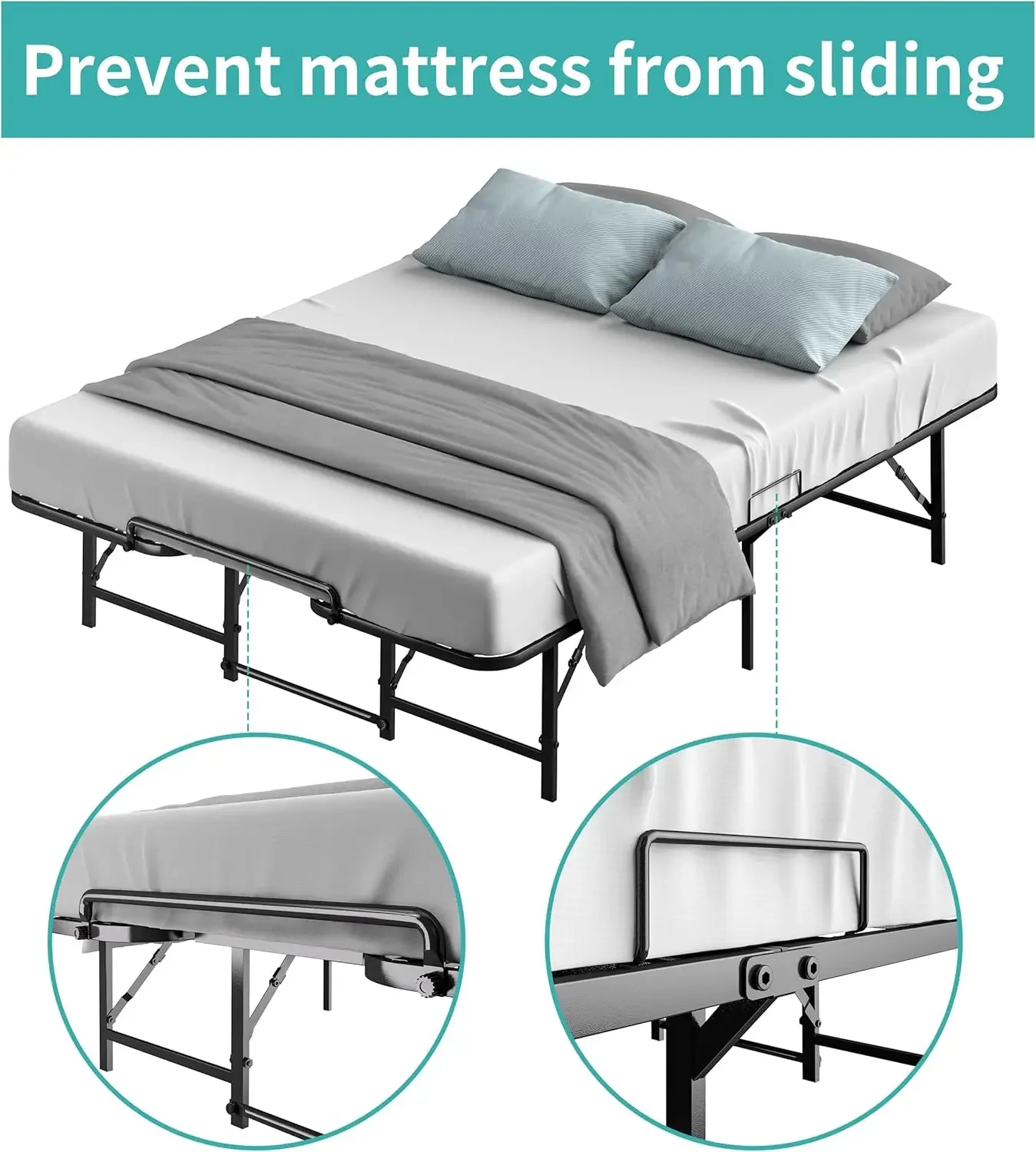 14.2" High Portable Metal Platform Bed Frame with Tool Free Setup, Queen Size Collapsible Sturdy Steel Frame, No Box Spring Need